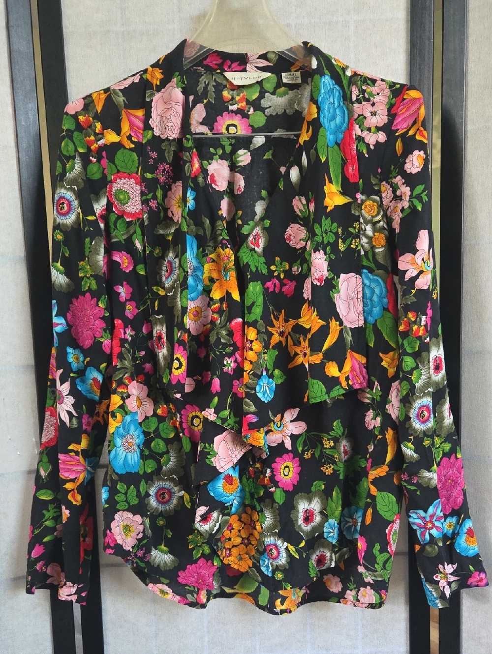 Floral Tie-Neck Blouse in Black with Multicolor Bloom